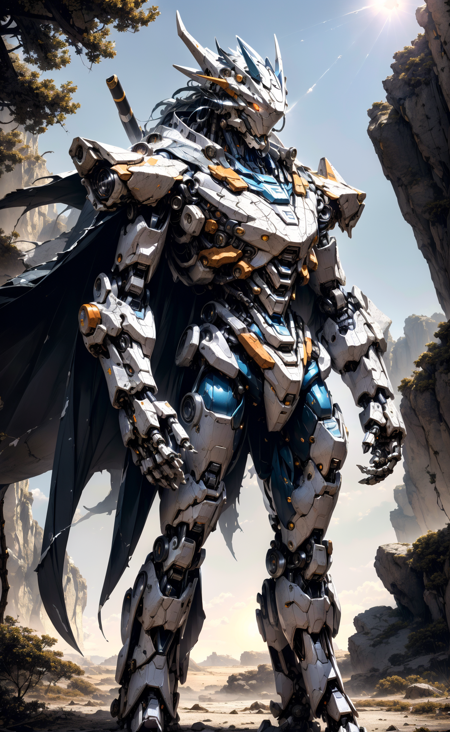 22072513-951655291-cgmech,__solo, white mecha robot, cape, science fiction, torn clothes, glowing, standing, robot joints, mecha, armor, cowboy sho.png